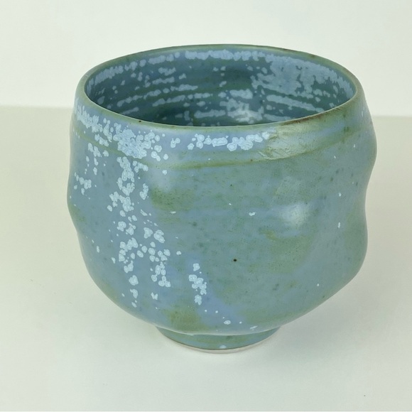 Organic Shape Freeform Pottery Cup Vase Artist Stamped H Blue Green Pedestal Bud - Picture 10 of 16